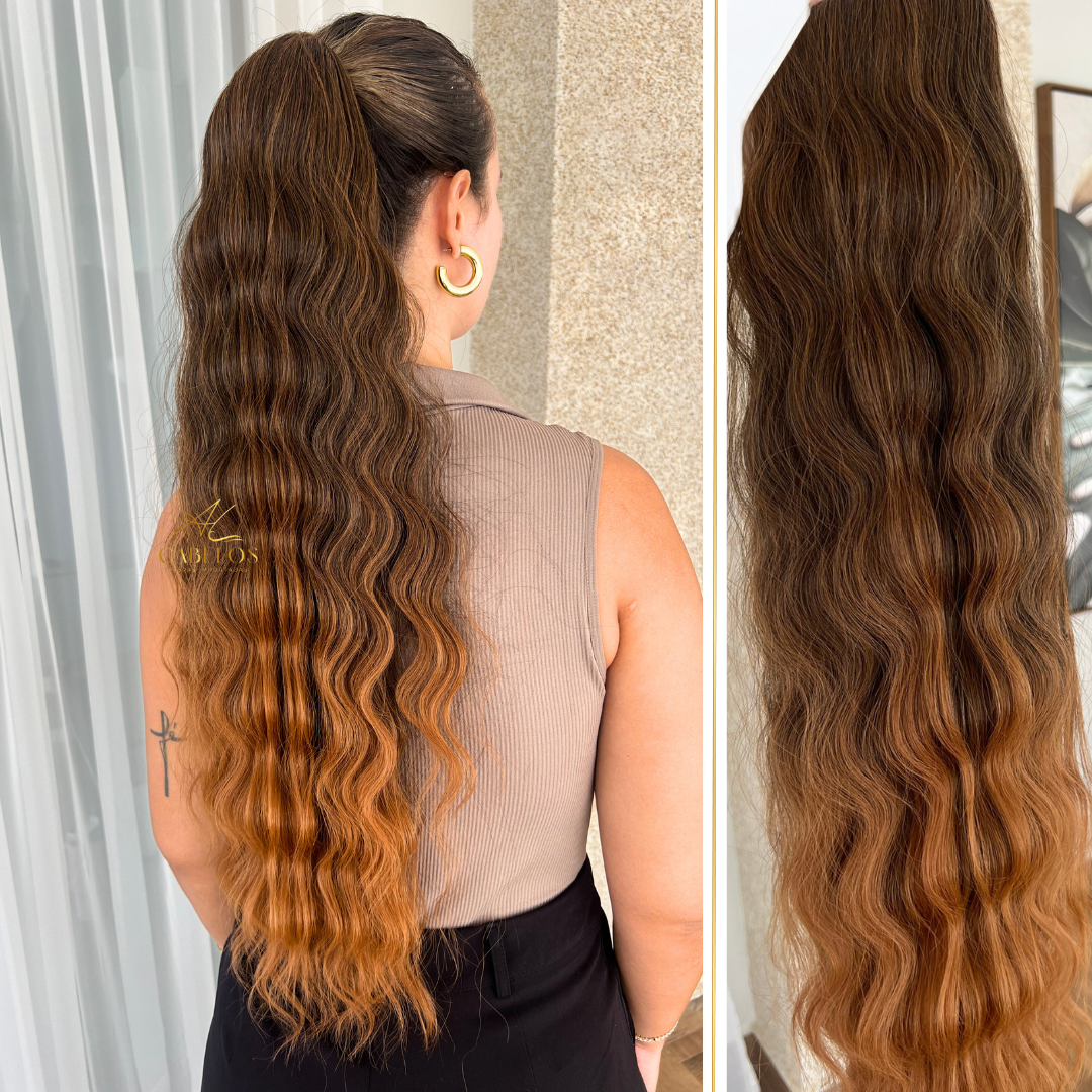 15338294580-3.png Rabo de Cavalo Wave Glam Morena Iluminada Cobreado 70cm - Imagem 1
